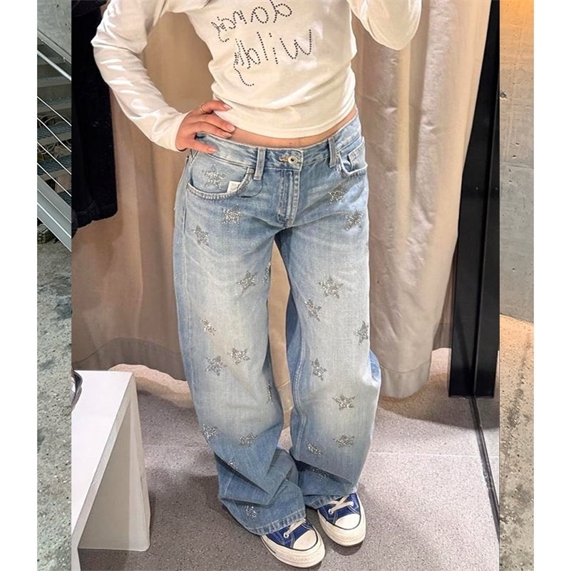 American Style Retro Star Rhinestone Denim Jeans Women Autumn Loose Slim Straight Leg Wide Leg Long Pants 261016