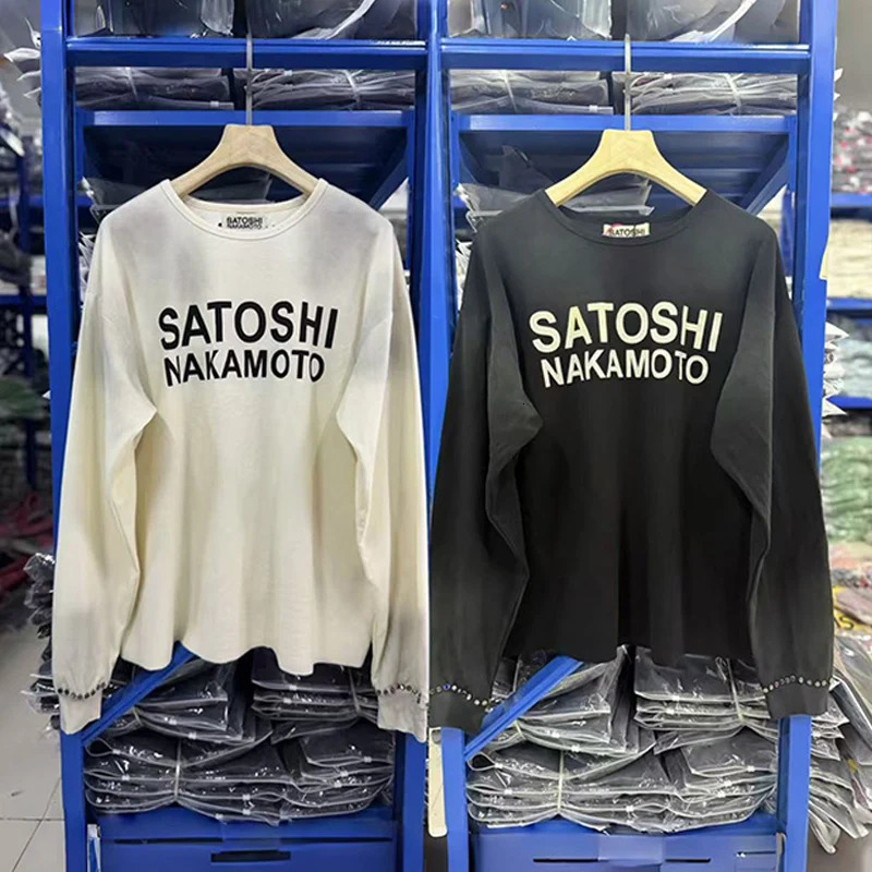 Vintage Washed White Black Waffle Fabric Rhinestone Rivet T Shirt Classic Letters Satoshi Nakamoto Long Sleeve TShirt Tag 261016