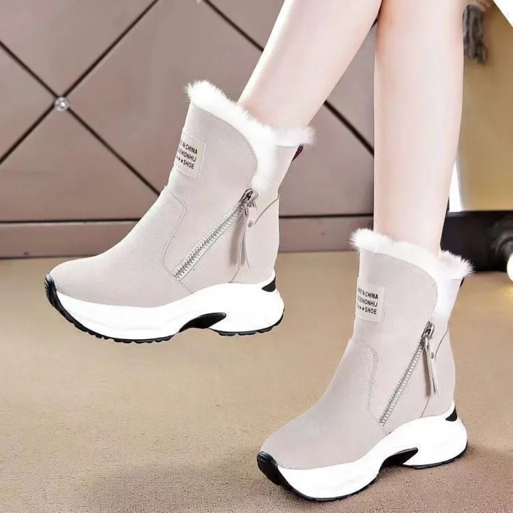 Womens Ankle Boots Warm Plus Fleece Thick Sole Winter Snow Boots Fashion Side Zipper Wedge Outdoor Sneakers Botas Mujer 2024 261017