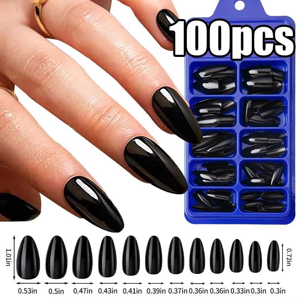False Nails 100Pcs Handmade Press on Nails Black French AlmondSolid ColorMid-length Artificial Fake Nail Sexy Cute Manicure Nail For Women Q261017