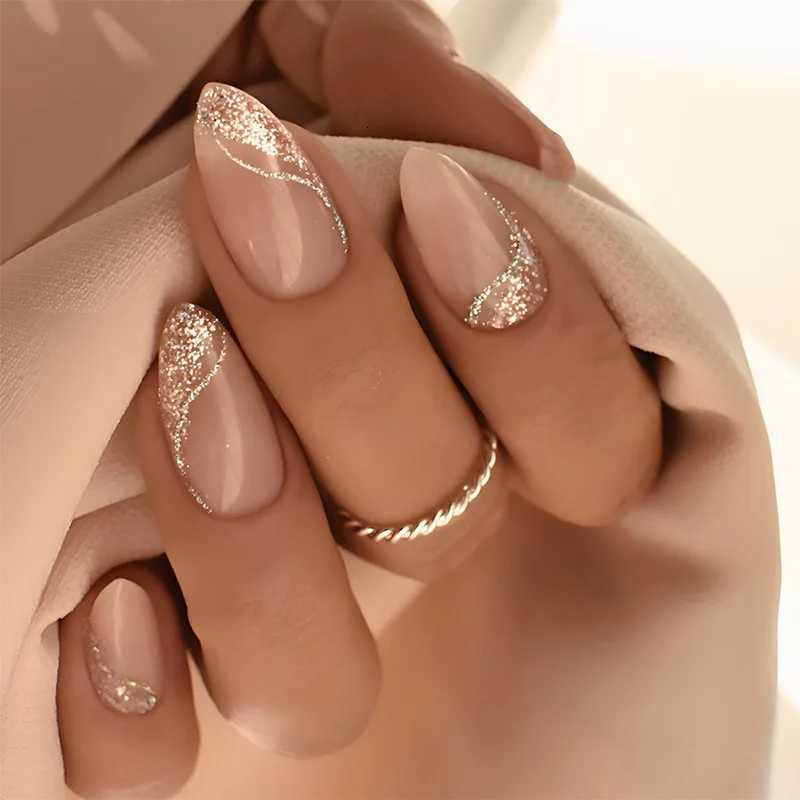 False Nails 24Pcs Mid-length Almond Nails Set Press on Shiny Powder French Design Fake Nail Art Simple Wearable Full Cover False Nails Tips Q261017