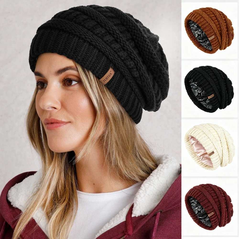 Beanie/Skull Caps FURTALK Winter Satin Lined Beanie Hat for Women Cable Knit Chunky Slouchy Beanies Lady Double Layer Skull Warm Cap Fashion Q261017