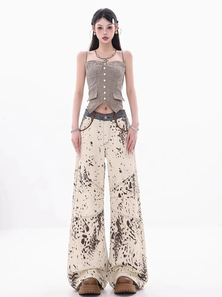 American Retro Stitching Leopard Print Jeans Women's Streetwear Hip-hop Loose Straight Trousers Y2K Wide Leg Denim Pant 261016