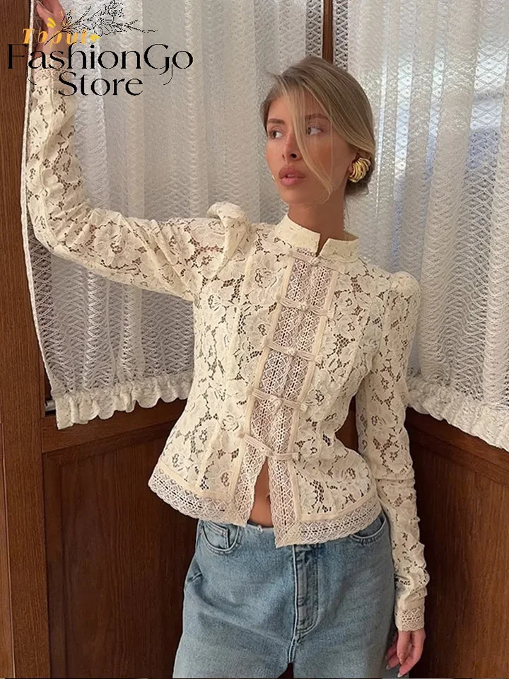 Retro Solid Chinese Hollow Lace Shirt Women Chic O Neck Long Sleeve Slim Knit Top Summer Fashion Street Floral Blouses 261015