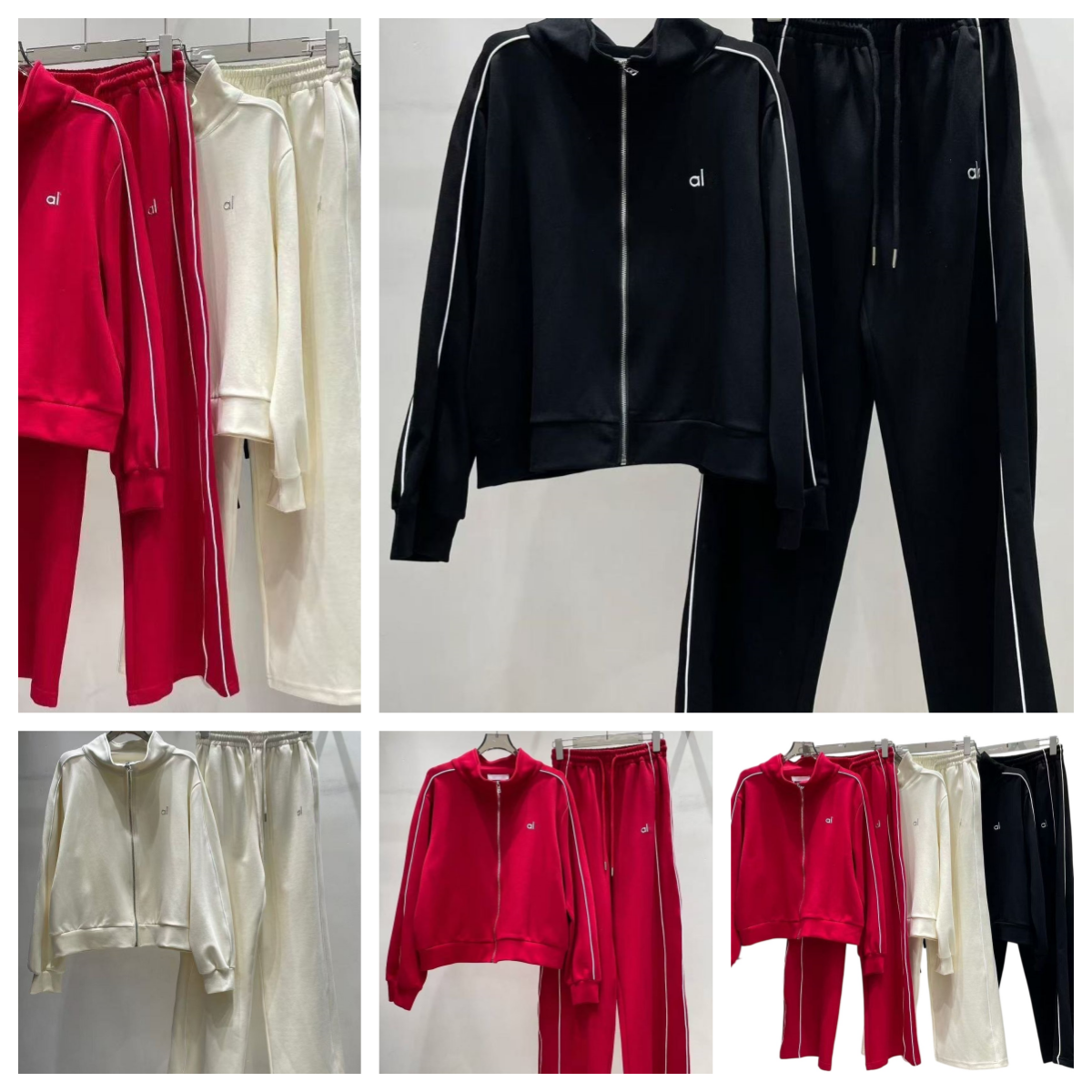 Women tracksuit stand collar full zip cropped jacket elastic high waist wide leg pants two side white stripe sports fitness jogger 2 piece set for a