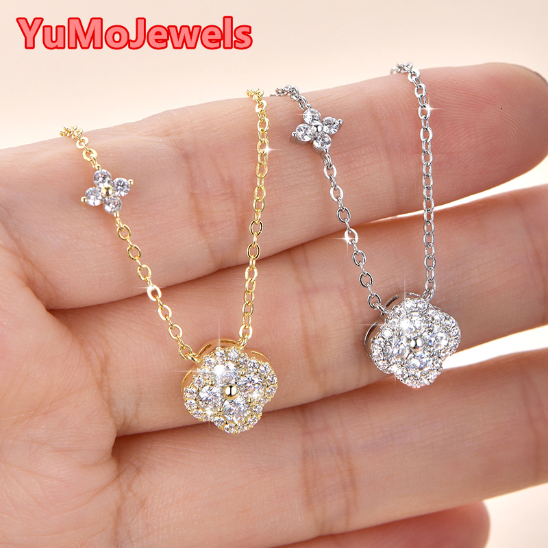 Flower Iced Out Fashion Jewelry Sets 14K Gold Filled Round Cut Moissanite Moissanite Floral-Style Four Leaf Clover Pendant Necklace