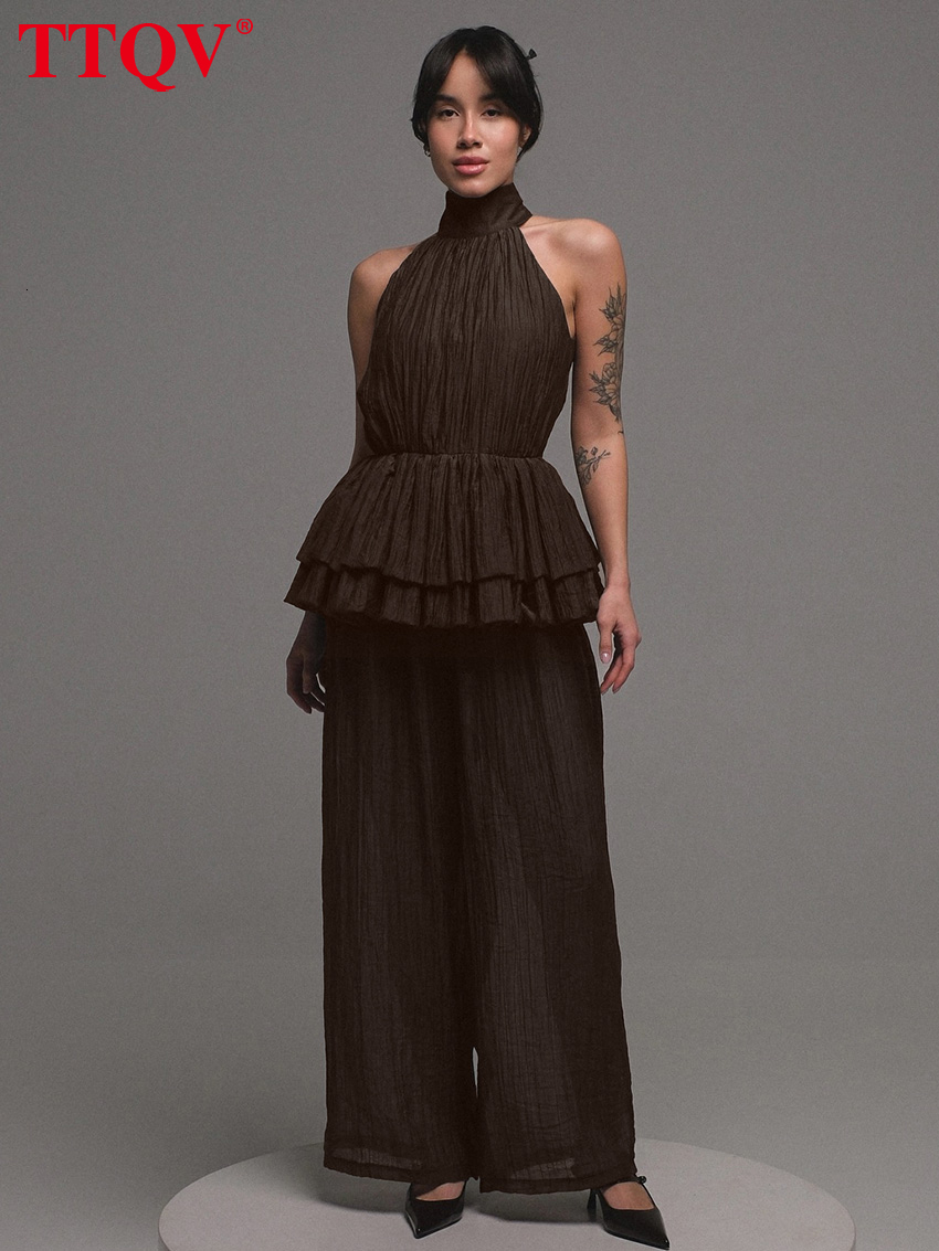 Sexy Slim Beige 2 Piece Women 2026 Summer Sleeveless Tank Top With High Waist Wide Pants Set Female Clothing Streetwear