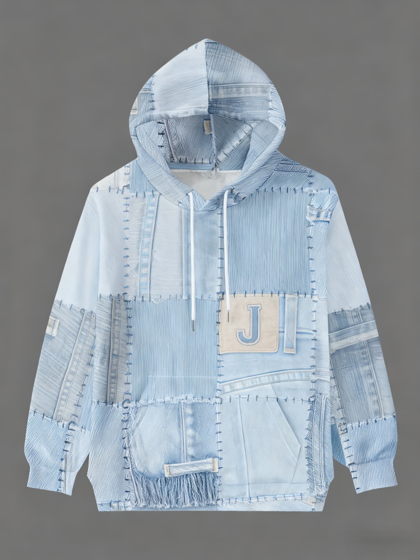 Men Patchwork Print Hoodie, Faux Denim Stitched Fringe Hooded Sweatshirt, Y2K Streetwear Long Sleeve Pullover, Hip Hop Casual Top for Men