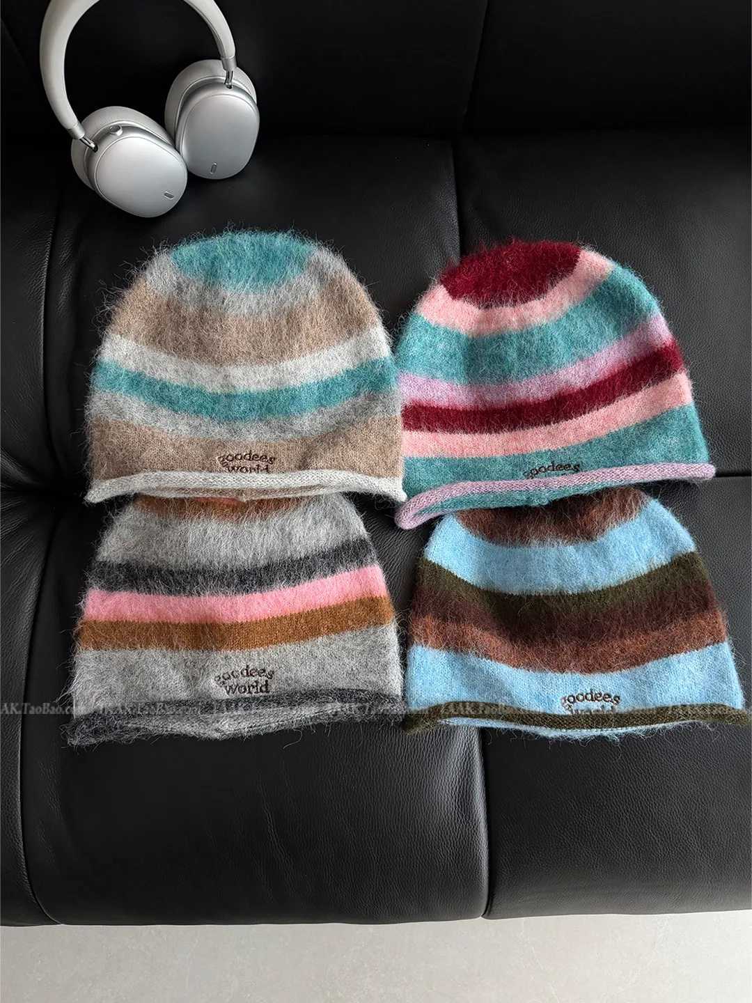 Beanie/Skull Caps Women Colorful Striped Plush Knit Beanie Letter Embroidered Slouchy Skull Cap FaceFlattering Warm Winter Soft Knitted HatT261017