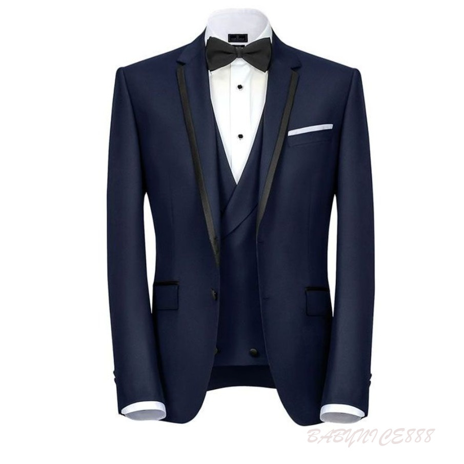 Blue Navy Designer Mens Suits One Button Groomsmen Wedding Tuxedos Notched Lapel Groom Suit With Jacket Vest And Pants Cheap Prom Blazers BS0082