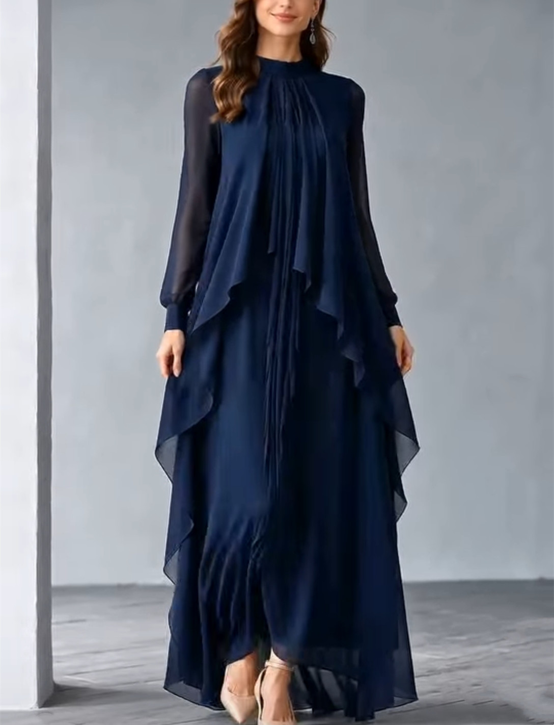Elegant Long Navy Blue Chiffon Mother of the Bride Dresses With Ruffles A-Line O-Neck Ankle Length Godmother Dresses Formal Party Gown for Women