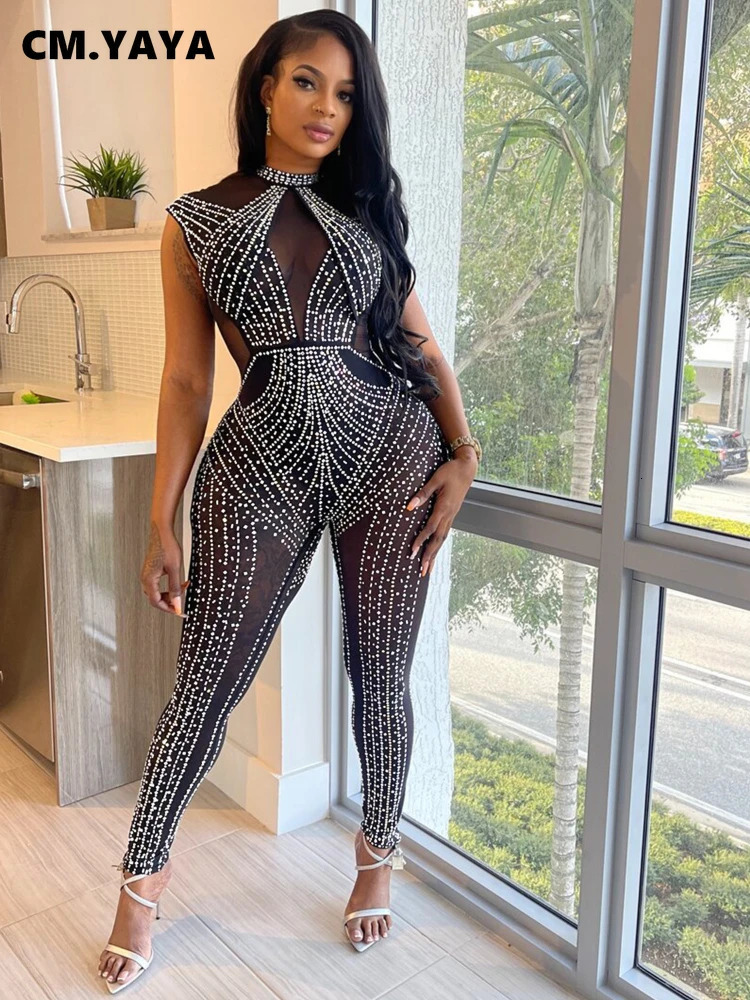 CM.YAYA SpringSummer Women Fashion Rhinestone Mesh See Through Sleeveless Jumpsuits Sexy Party Club One Piece Suit Outfits 261015