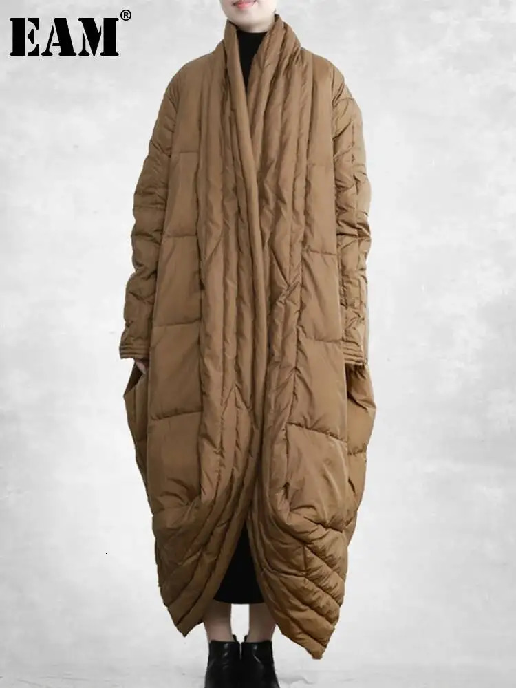 EAM Camel Big Size Thick Warm Long Down Jacket Long Sleeve Warm Women Parkas Fashion Autumn Winter 2026 31A1074 260924