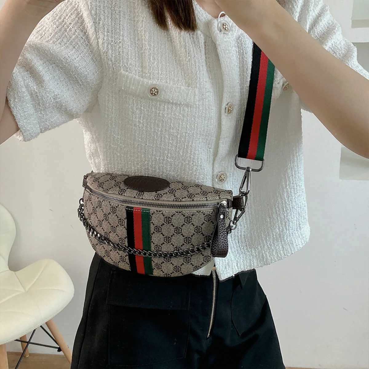 Shoulder Bags Classic Geometric Pattern Fashion Crossbody Bag Lightweight Zipper PU Adjustable Striped Strap Waist Bag for Commute H261016