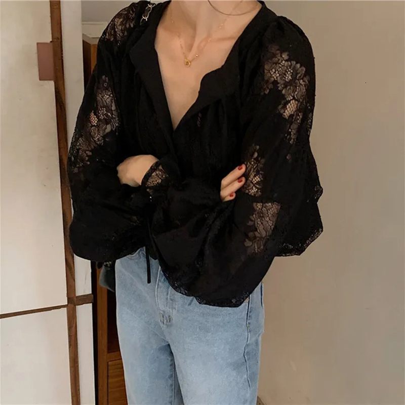 MEXZT Vintage Black Shirts Women Elegant Lace Sheer Long Sleeve Blouses Summer Ladies Korean Floral Embroidery Design Tops New