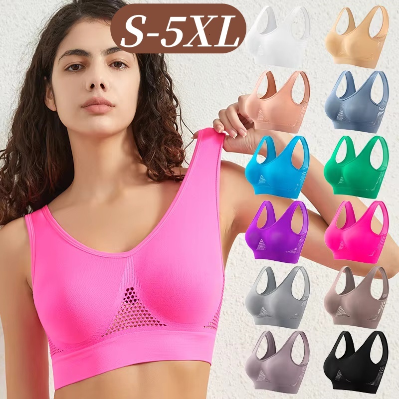 Women's Plus Size Breathable Mesh Sports Bra Ladies Seamless Non-wire Underwear No Pads Ribbed Crop Top Sexy Lingerie S-5XL dongdumaoyi