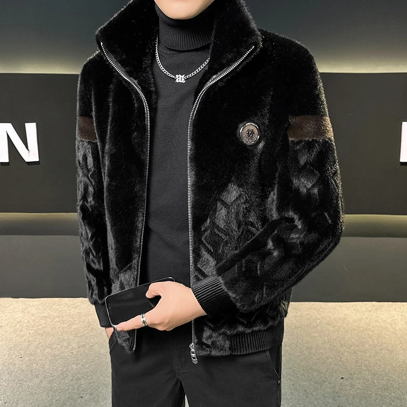 Winter Faux Mink Fur Integrated Jacket for Men Warm Thick Lapel Casual y Social Windproof Coat Streetwear M4XL 261012