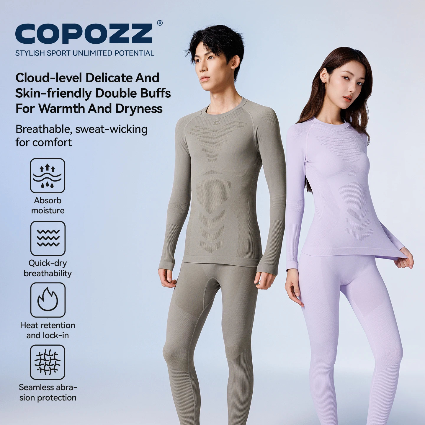 COPOZZ Women Men Seamless Ski Thermal Underwear Set High Elastic Crew Neck Quick Dry Moisture-wicking Sport Baselayer Long Johns 261015