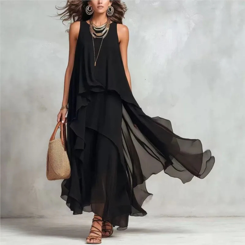 Bohemian Women Chiffon Maxi Dress Sleeveless Irregular Layered Ruffle Loose Flowy Long Dress Beach Party Evening Dresses 261014
