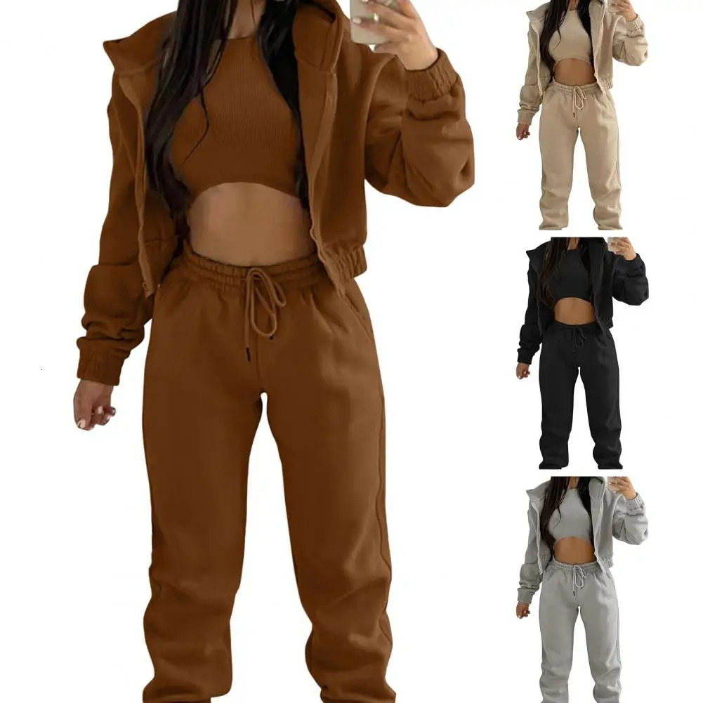 3pcs Sets Autumn Winter Zip Up Pants Set Women's Trendy Slim Fit Cardigan Pants Chic Commuting Tracksuit Outfit 261016