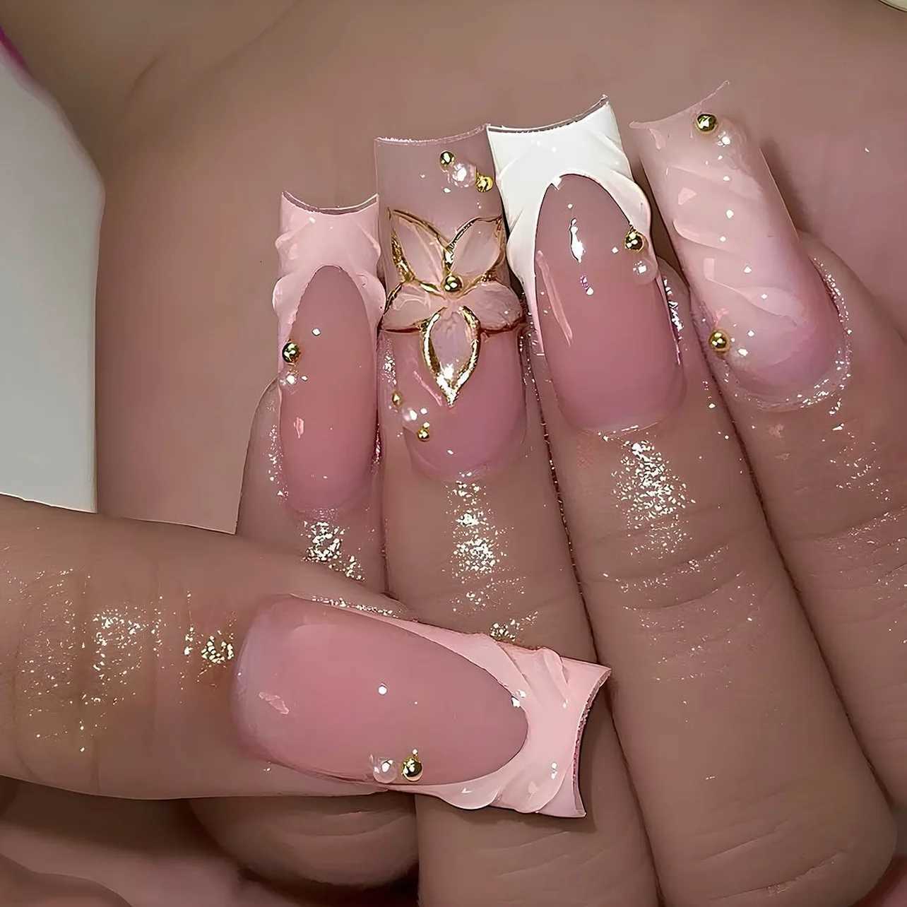 False Nails 24pcs Mid-length Press on Nails Sets Pink French Full Cover Flower Design Fake Nail Tips Reusable Pearl False Nail Woman Nails Q261017
