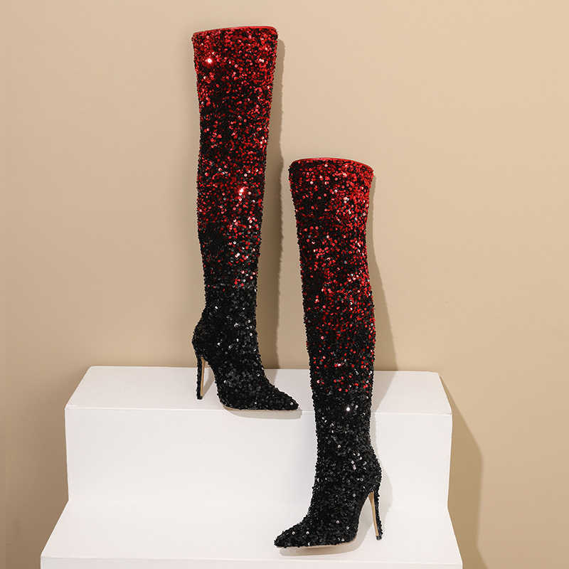 2026 Autumn/Winter New Women's Boots Stiletto Heel Gradient Color Sequin Long Boots Fashion Boots