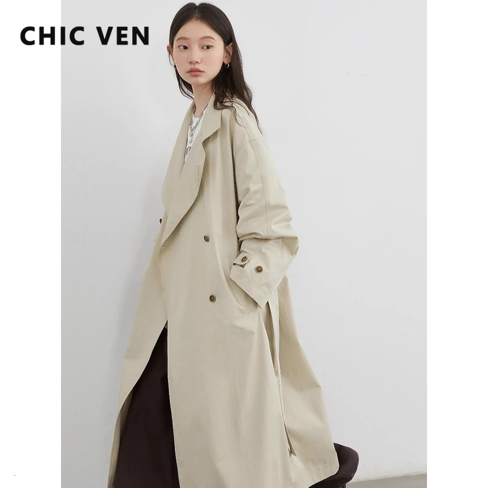 CHIC VEN Fashion Women Long Trench Coat Solid Belt Loose Casual Windbreaker Double-breasted Female Overcoat Spring Autumn 261015