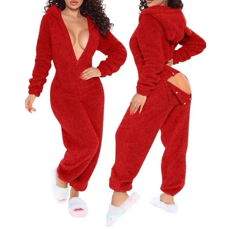 Womens Winter Warm Onesies Fleece Romper Pajamas Solid Open Gear LongSleeve Zipper V Neck Hooded Sleepwear Sexy Homewear 261016
