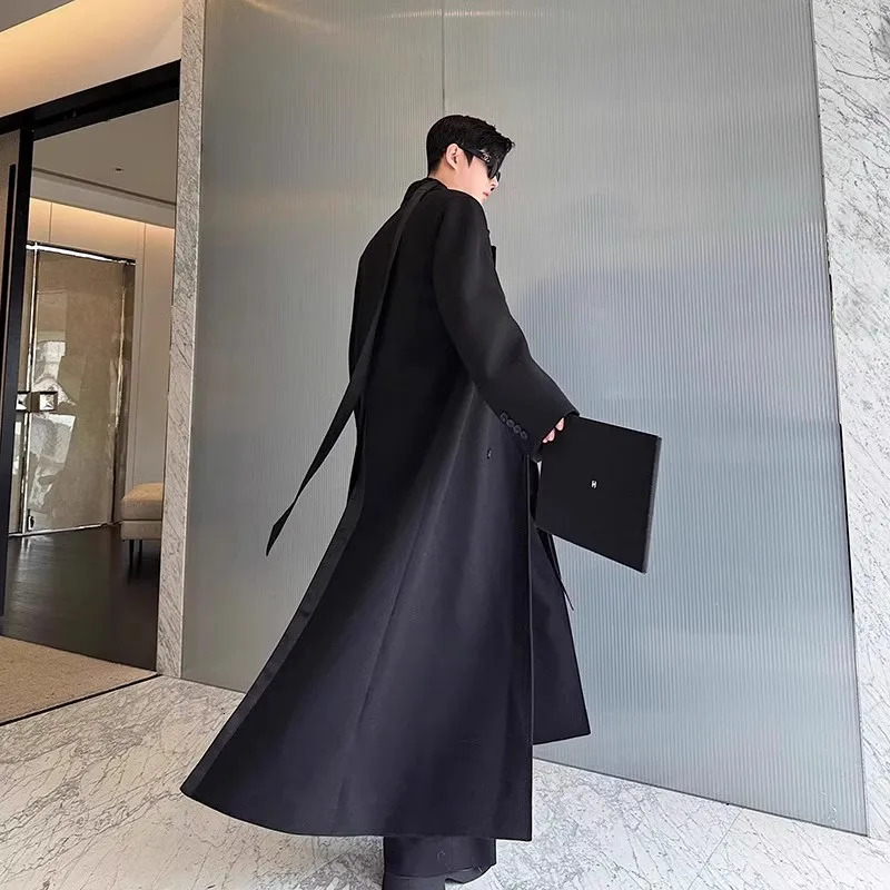 Mauroicardi Spring Autumn Extra Logn Black Oversized Flowy Soft Trench Coat for Men with Back High Slit Loose Casual Overcoat 261015