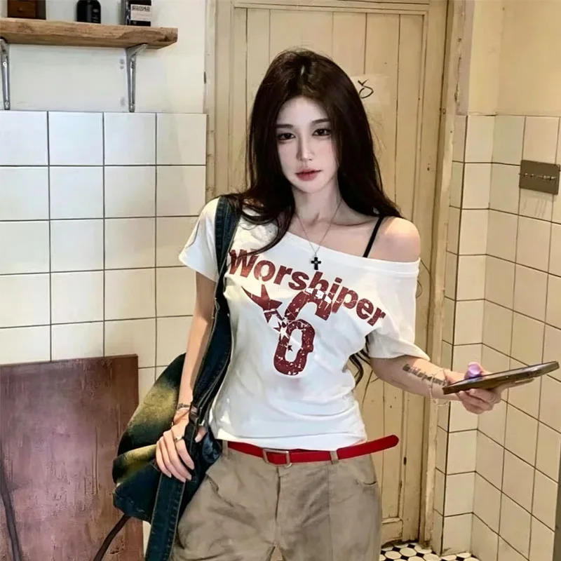 Y2k Sport Summer Off Shoulder Top Women Sexy Vintage 2000s Short Sleeve T Shirt Lady Body Basic Crop Top Female Casual 261015