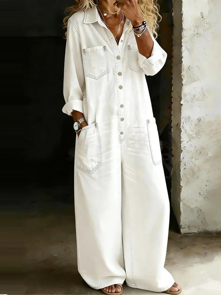 Women Fashion Single Breasted Pocket Long Romper Casual Long Sleeve Solid Loose Playsuit Elegant Turn Over Collar Denim Jumpsuit 261015