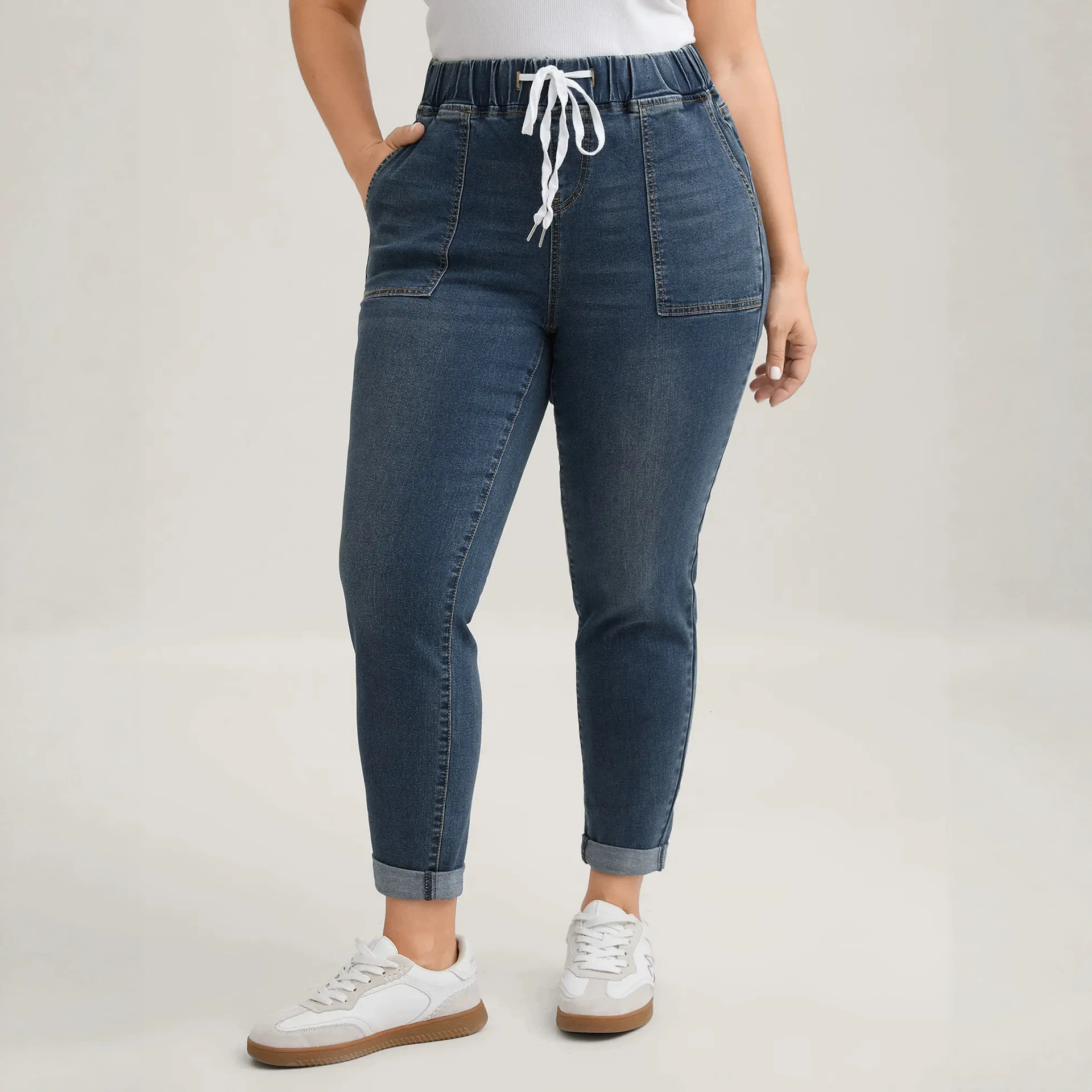 Women High Waist Drawstring Jeans Slim Fit Denim Pants 2026 New European American Style Casual Daily Wear Versatile Long Trousers For Ladies
