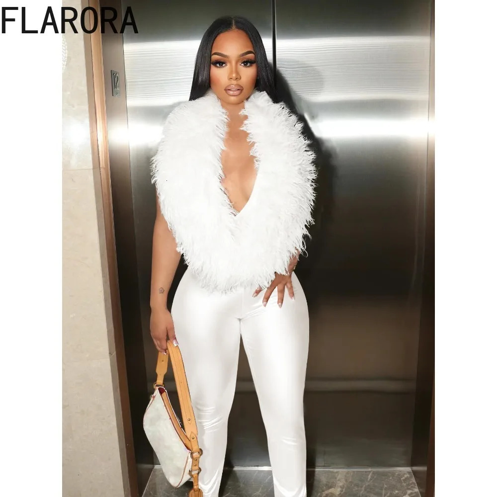 FLARORA Sexy Faux Fur Jumpsuits Woman Halter Deep V Neck Sleeveless Backless Bodycon One Piece Playsuits Elegant Party Clubwear 261016