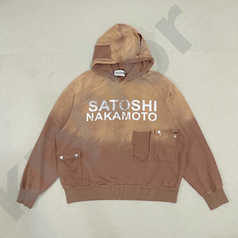 Womens Retro Heavyweight Hoodie Gradient Washed Finish Front Distressed Letter Print Multi Cargo Pocket Metal Snap Buttons Long Sleeve Top