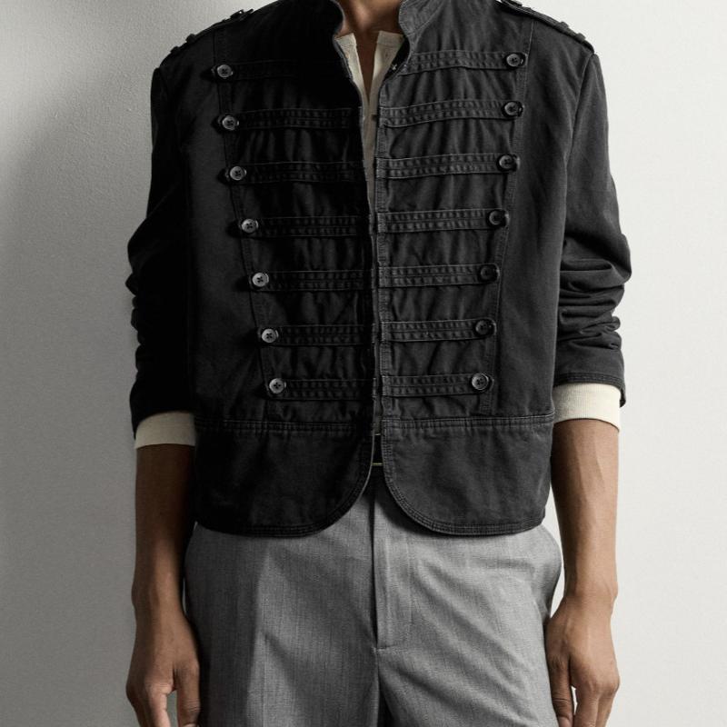 Veste noire à Double boutonnage pour hommes, col montant, coupe cintrée, Vintage, sangle délavée, manteau court, automne