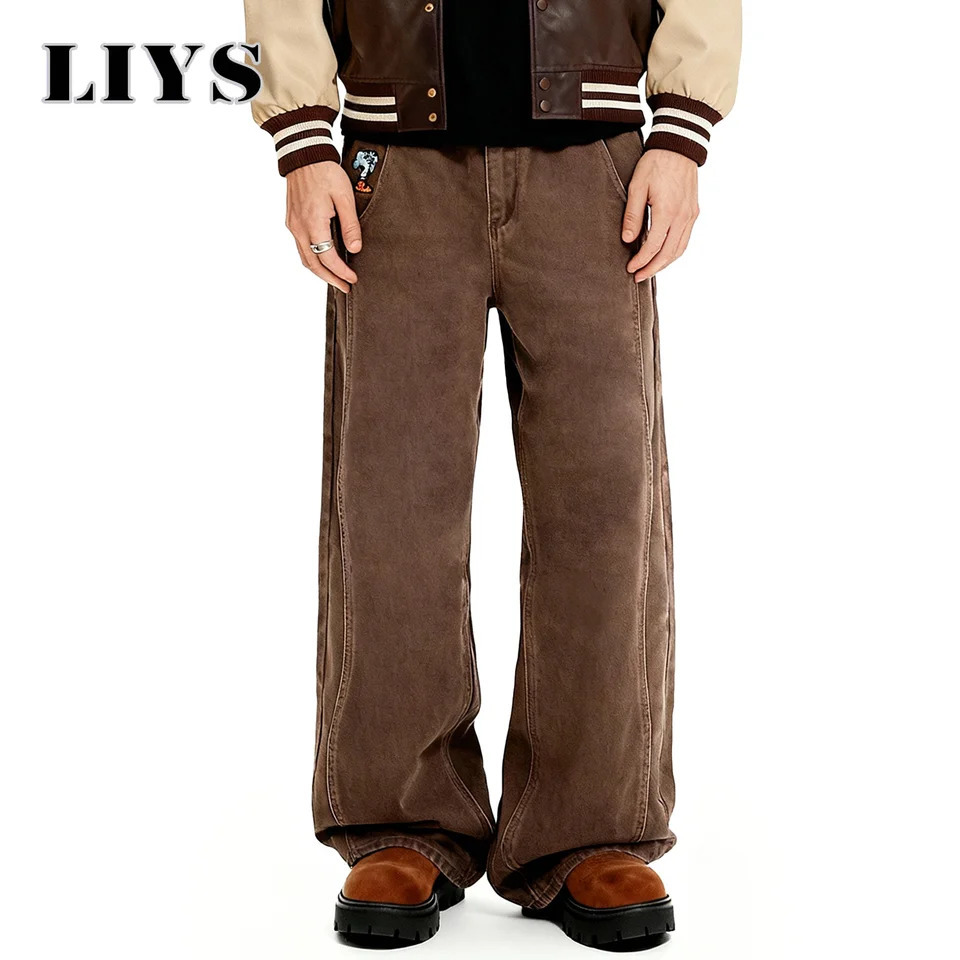American Retro Men's Brown Casual Baggy Wide Leg Jeans Korean Cartoon Elephant Embroidery Loose Wide Leg Denim Pants Unisex 261016
