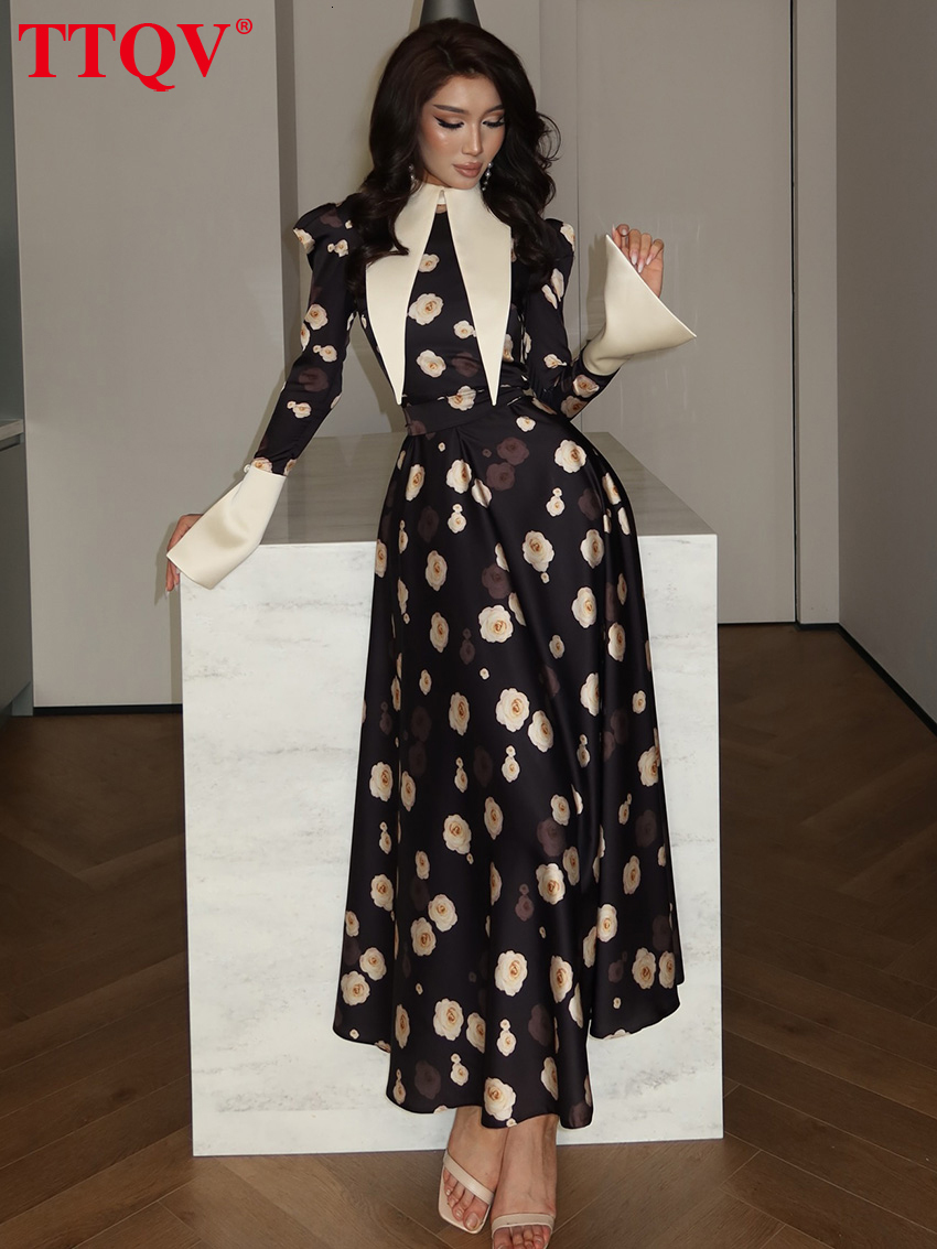 TTQV Fashion Slim Print Women's 2026 Autumn Lapel Long Sleeve Ankle Length Dresses Elegant Classic High Waist Female Dress