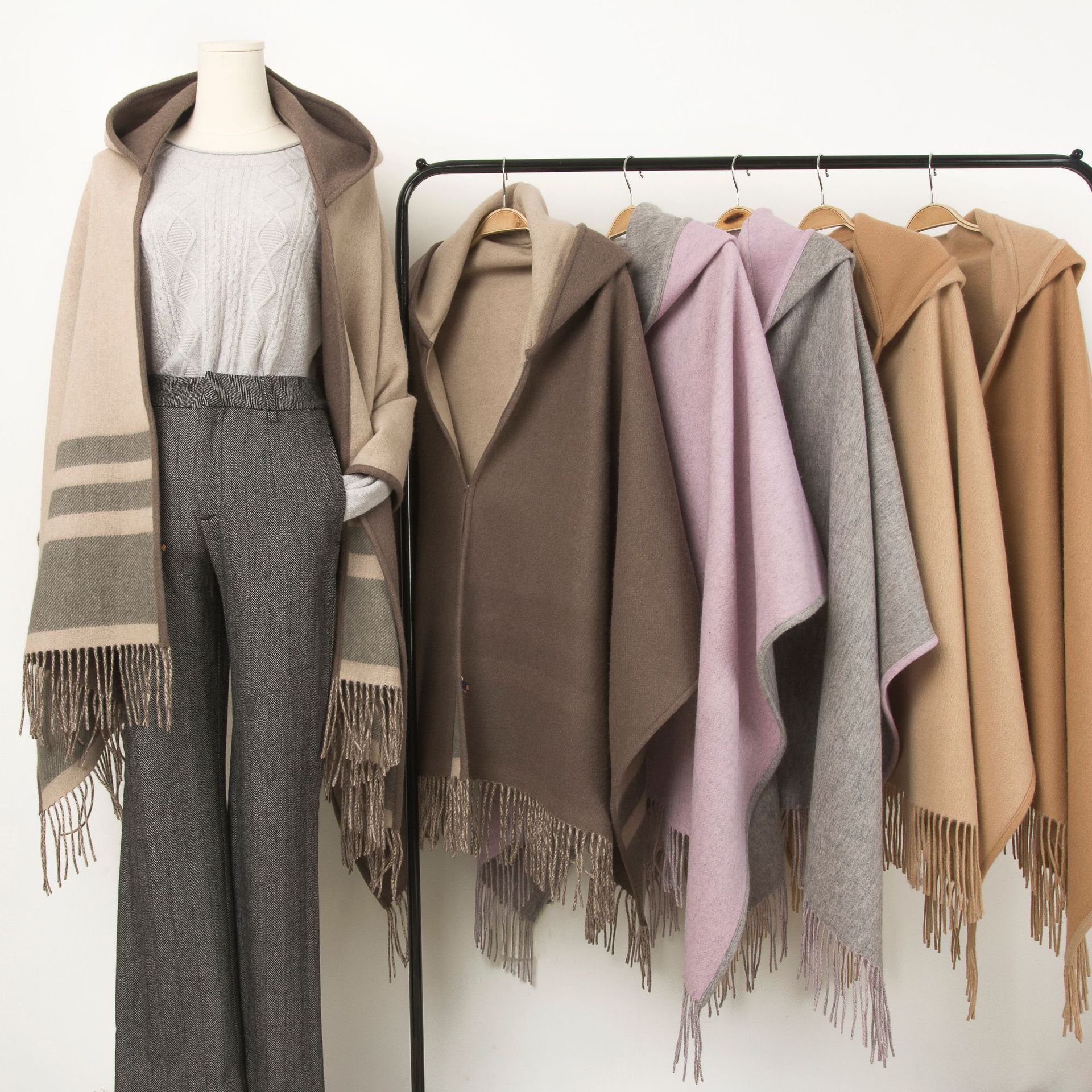 Inner Mongolia Pure Wool U-Shaped Fringed Double-Sided Shawl, Solid Color Hooded Scarf Coat For Export, Thick Laotie