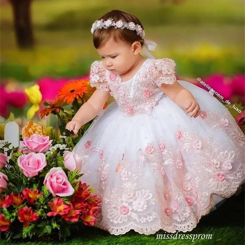 Lovely Blush Pink Flower Girl Dresses For Little Kids Formal Wedding Guest Birthday Party Dress With Beaded Appliques Short Sleeve Lace Baby Communi