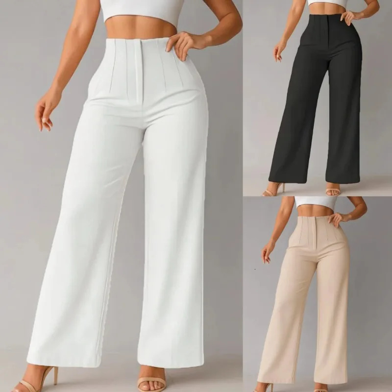 Womens High Waist Wide Leg Pants Elegant Tailored Straight Trousers Office Work Casual Bottoms Comfy Dress 261017