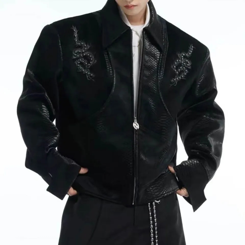 Mens Pu Leather Patchwork Jacket Spine Snake Pattern Rivet Pu Jacket Autumn Streetwear Y2k Fashion Tops Men'S Clothing 261013