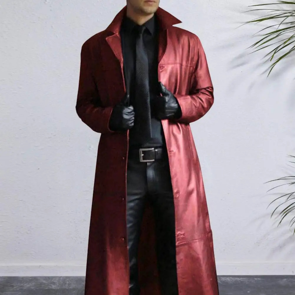 Plus Size Autumn Winter Long Faux Leather Jacket Men Collar Long Sleeve Single Breasted Leather Jacket Windbreaker Outerwear 261015