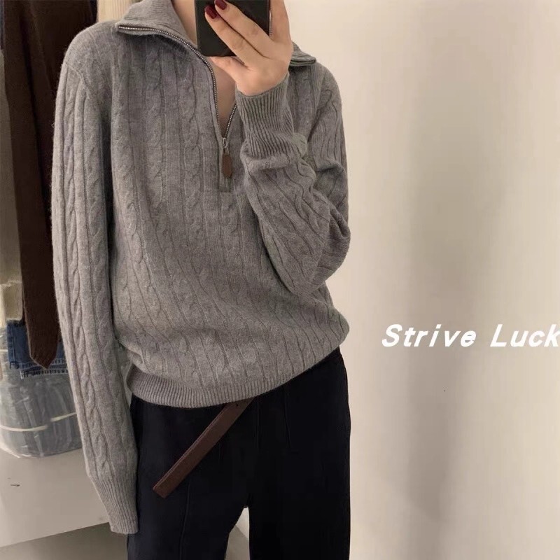Half-Open Zipper High-Neck Braid 100 Cashmere Knitted Women Loose Thick Wool Sweater For Autumn And Winter Mdng260930