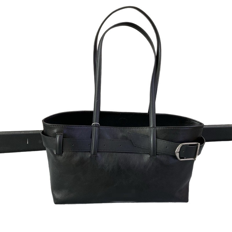 Black Leather Tote Bag With Belt Detail Large Capacity Shoulder Bag For Women