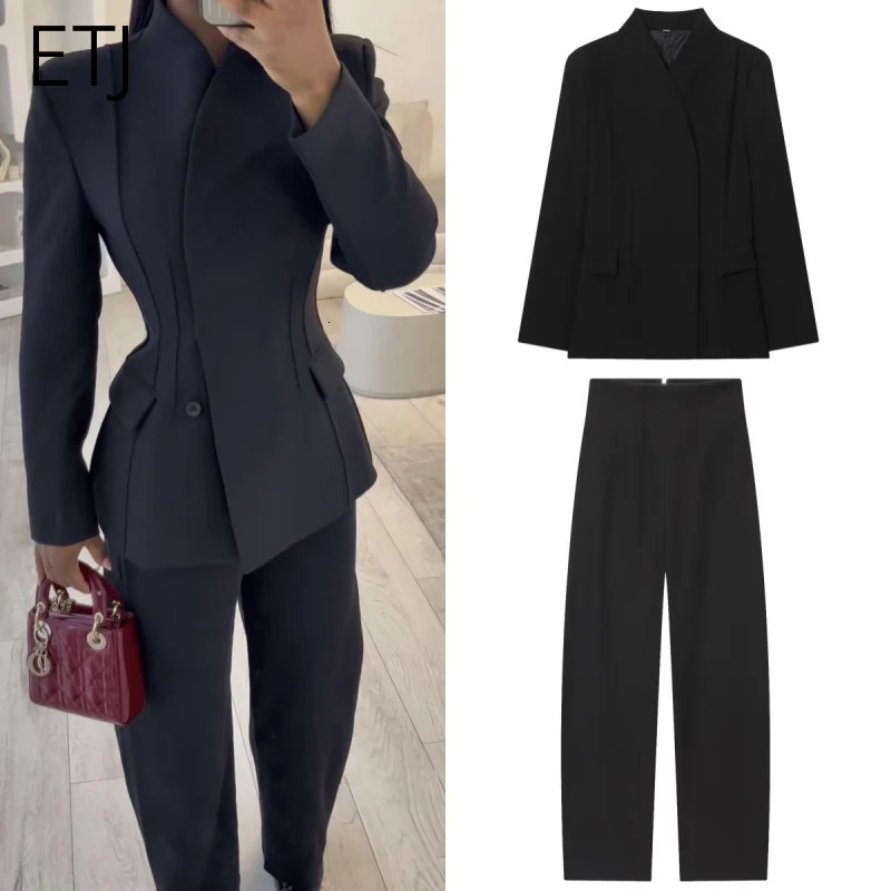 ETJ Women's Fashion Three-Dimensional Cut High Collar Slim Suit Jacket Matching Casual Trousers 261015