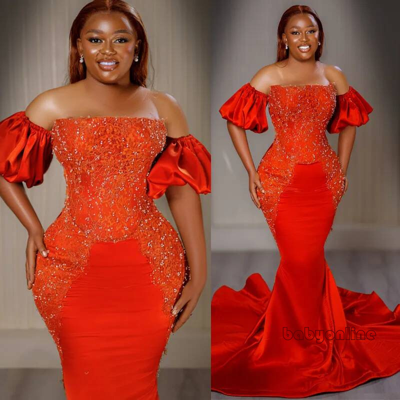 Plus Size Red Prom Robe De Sorrie Mermaid Evening Dresses Off Shoulder Beaded Lace Crystals Birthday Dress Second Reception Gowns Am3868