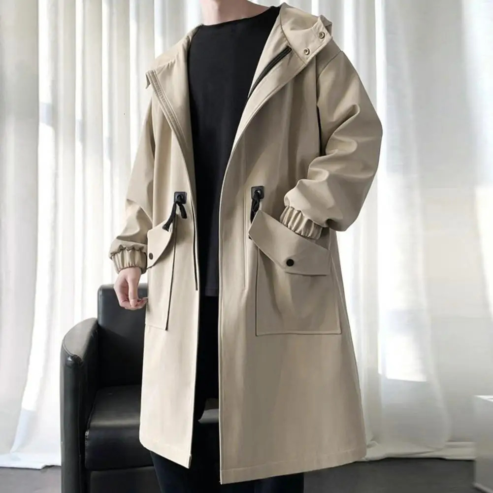 Korean Style Spring Trench Coat Hooded Loose Big Pockets Windbreaker Windproof Men Daily High Street Overcoat Men Clothes 261015