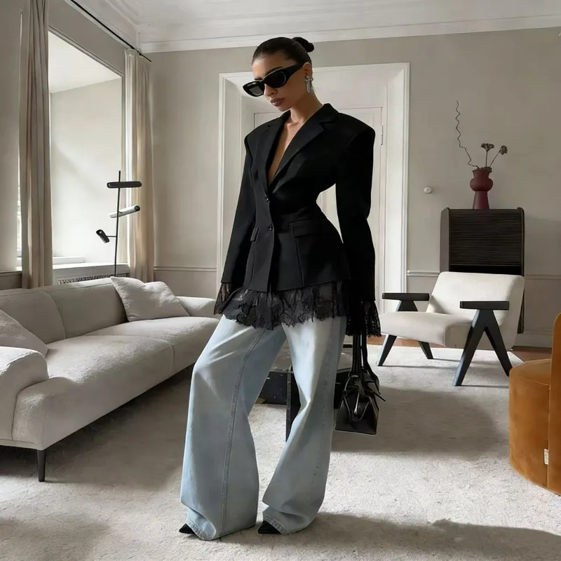 Autumn Fashion Clothing Patchwork Suit Jacket. Slimming Form-fitting Women's n Sense Cinched Waist Fashion Women's Lace 261016