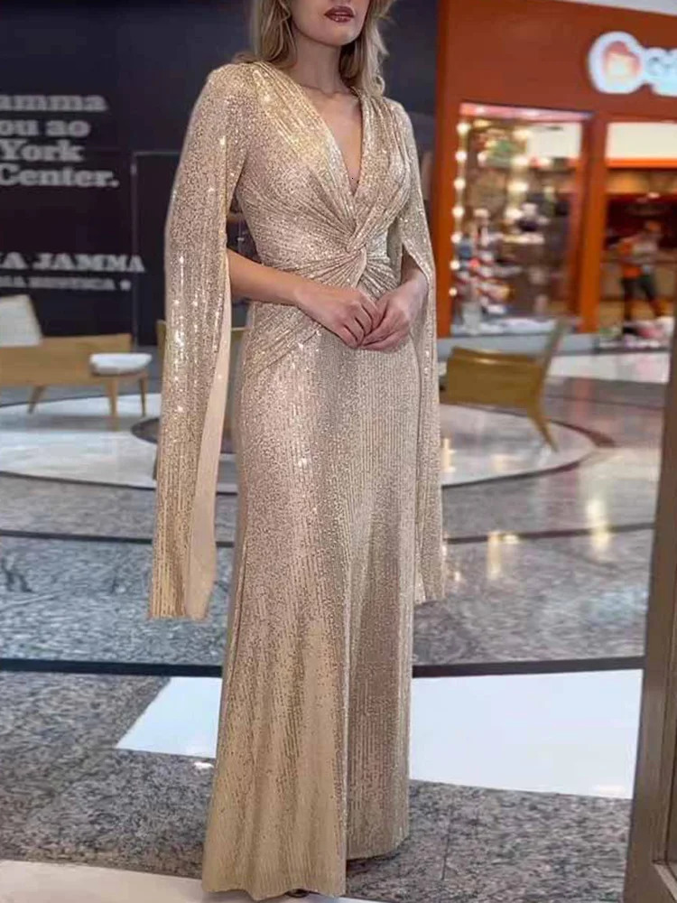 Loungewear Elegant Maxi Dress Women Fashion Folds Sequins Party Dress Spring Summer Long Sleeve Sexy Ladies Dress Streetwear 261016