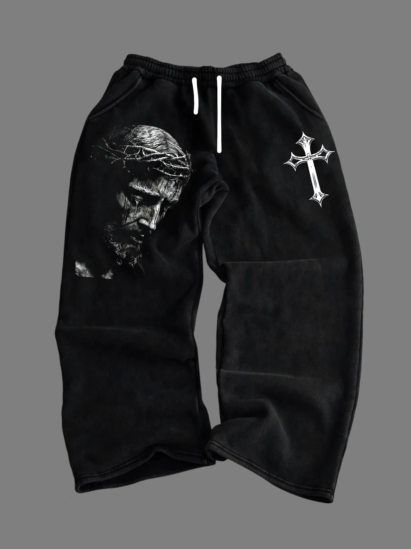 Men Gothic Vertical Graphic Wide Leg Sweatpants Drawstring Loose Straight Baggy Y2K Dark Punk Streetwear Pants. 261013